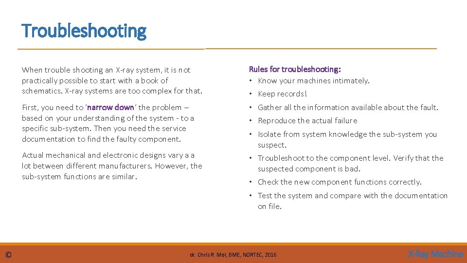 Troubleshooting When trouble shooting an X-ray system, it is not practically possible to start