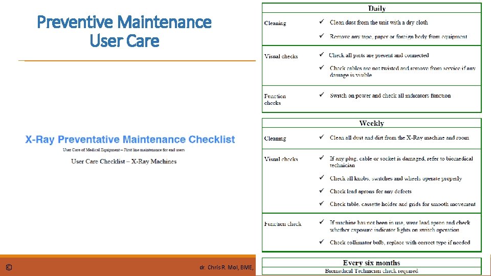Preventive Maintenance User Care © dr. Chris R. Mol, BME, NORTEC, 2016 X-Ray Machine