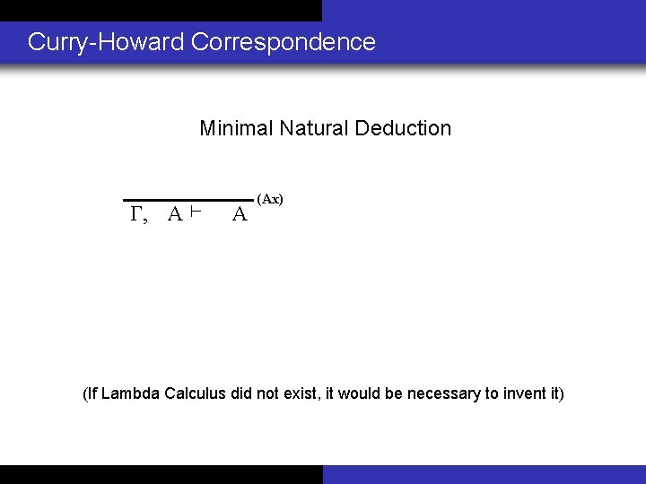 Curry-Howard Correspondence Minimal Natural Deduction Γ, x: A ⊢ x : A (Ax) (If