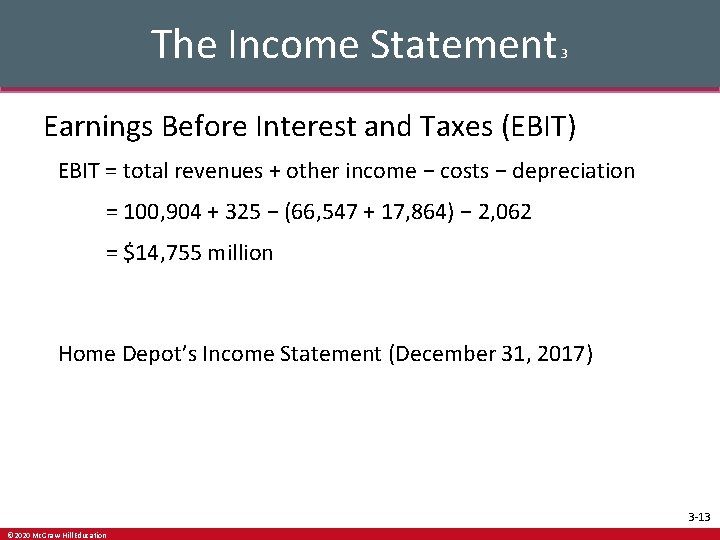 The Income Statement 3 Earnings Before Interest and Taxes (EBIT) EBIT = total revenues