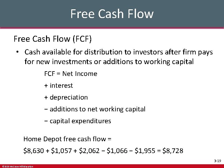 Free Cash Flow (FCF) • Cash available for distribution to investors after firm pays