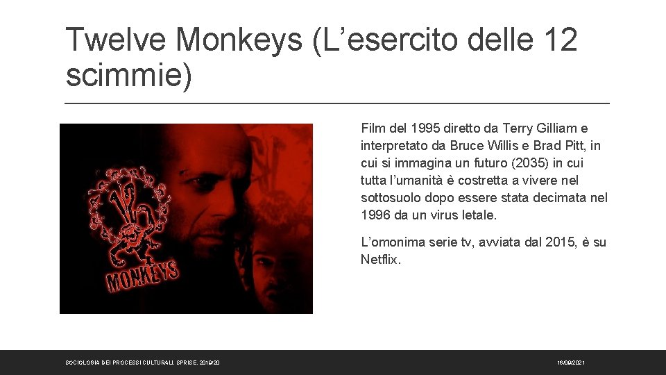 Twelve Monkeys (L’esercito delle 12 scimmie) Film del 1995 diretto da Terry Gilliam e