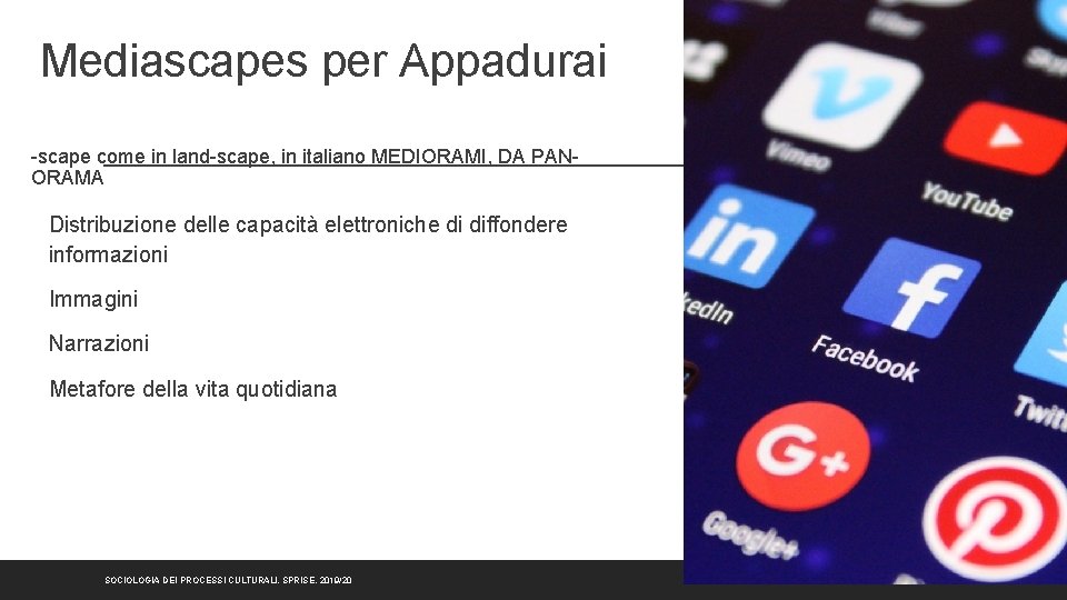 Mediascapes per Appadurai -scape come in land-scape, in italiano MEDIORAMI, DA PANORAMA Distribuzione delle