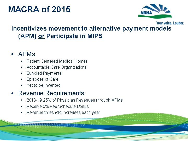 MACRA of 2015 Incentivizes movement to alternative payment models (APM) or Participate in MIPS