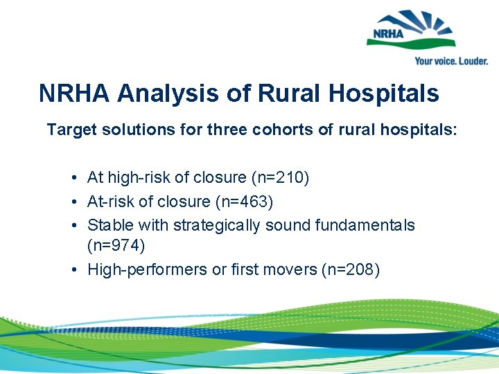 NRHA Analysis of Rural Hospitals Target solutions for three cohorts of rural hospitals: •