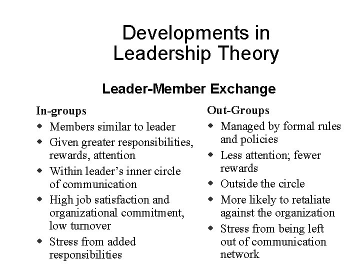 Developments in Leadership Theory Leader-Member Exchange In-groups w Members similar to leader w Given