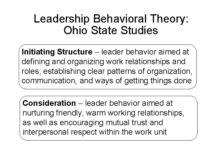 Leadership Behavioral Theory: Ohio State Studies Initiating Structure – leader behavior aimed at defining