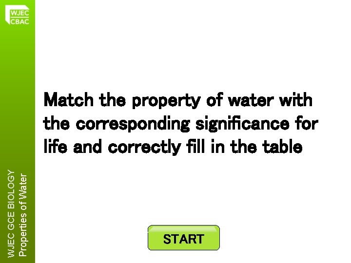 Properties of Water WJEC GCE BIOLOGY Match the property of water with the corresponding