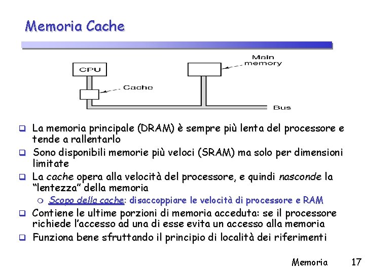 Memoria Cache q La memoria principale (DRAM) è sempre più lenta del processore e