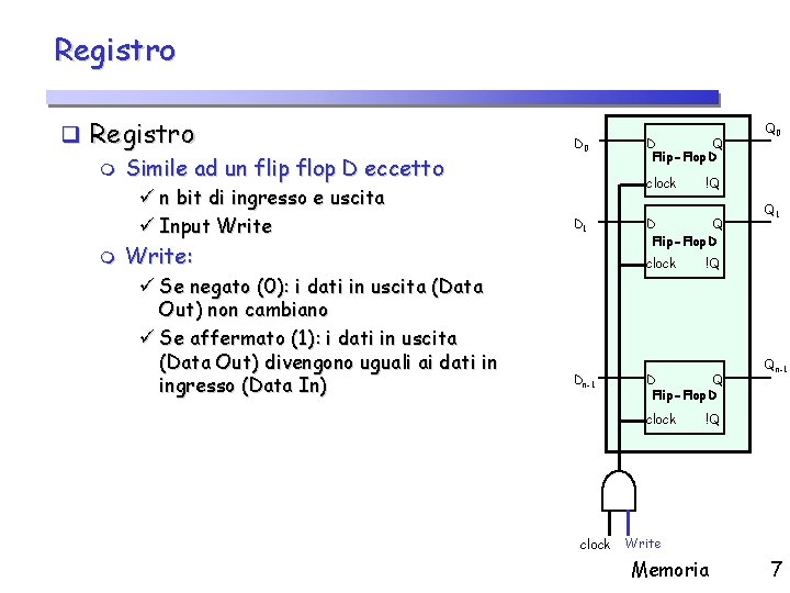 Registro q Registro m Simile ad un flip flop D eccetto ü n bit