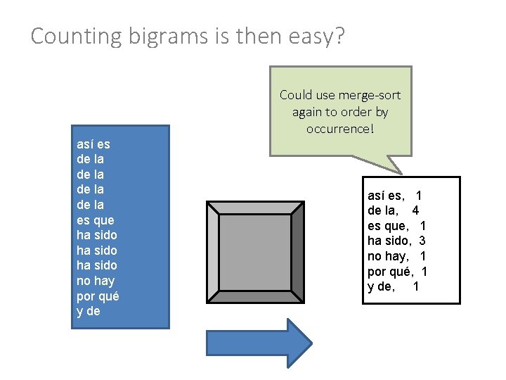 Counting bigrams is then easy? Could use merge-sort again to order by occurrence! así