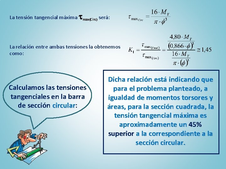 La tensión tangencial máxima max(Circ) será: La relación entre ambas tensiones la obtenemos como: La tensión tangencial máxima max(Circ) será: La relación entre ambas tensiones la obtenemos como: