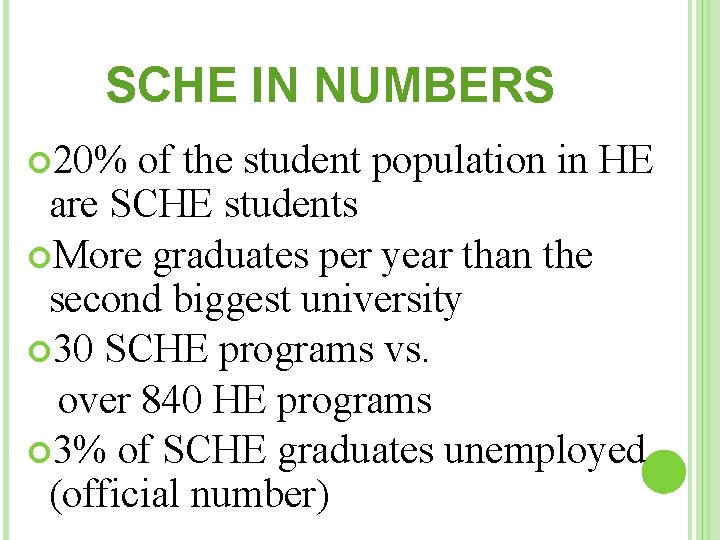 SCHE IN NUMBERS 20% of the student population in HE are SCHE students More