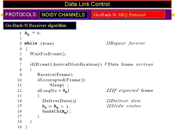 Data Link Control PROTOCOLS: NOISY CHANNELS Go-Back-N Receiver algorithm Go-Back-N ARQ Protocol 