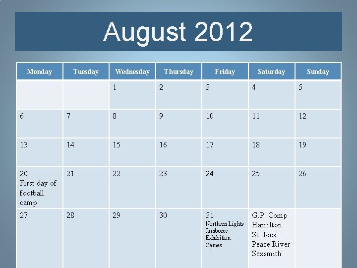 August 2012 Monday Tuesday Wednesday Thursday Friday Saturday Sunday 1 2 3 4 5