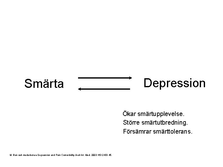 Smärta Depression Ökar smärtupplevelse. Större smärtutbredning. Försämrar smärttolerans. M. Bair och medarbetere Depression and