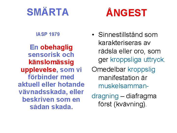 SMÄRTA IASP 1979 En obehaglig sensorisk och känslomässig upplevelse, som vi förbinder med aktuell