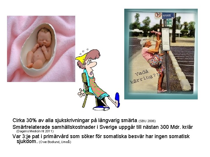 Cirka 30% av alla sjukskrivningar på långvarig smärta. (SBU 2006) Smärtrelaterade samhällskostnader i Sverige