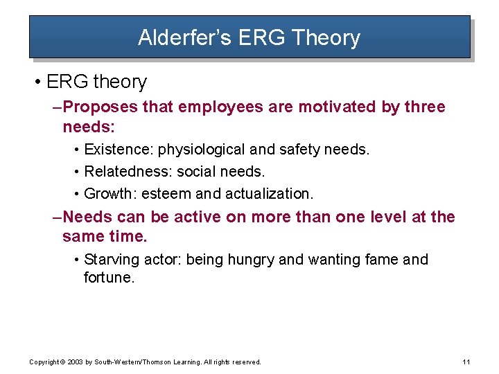 Alderfer’s ERG Theory • ERG theory – Proposes that employees are motivated by three