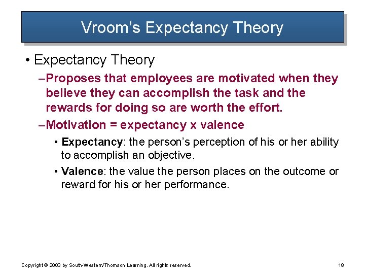 Vroom’s Expectancy Theory • Expectancy Theory – Proposes that employees are motivated when they