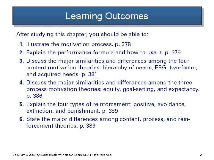 Learning Outcomes Copyright © 2003 by South-Western/Thomson Learning. All rights reserved. 2 