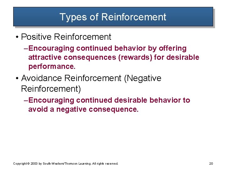 Types of Reinforcement • Positive Reinforcement – Encouraging continued behavior by offering attractive consequences