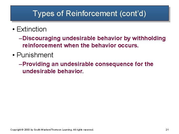 Types of Reinforcement (cont’d) • Extinction – Discouraging undesirable behavior by withholding reinforcement when