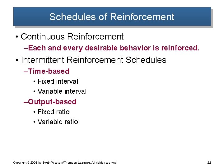 Schedules of Reinforcement • Continuous Reinforcement – Each and every desirable behavior is reinforced.
