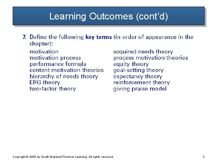 Learning Outcomes (cont’d) Copyright © 2003 by South-Western/Thomson Learning. All rights reserved. 3 