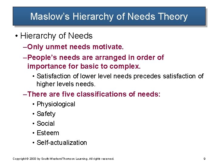 Maslow’s Hierarchy of Needs Theory • Hierarchy of Needs – Only unmet needs motivate.