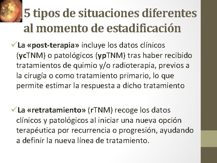 5 tipos de situaciones diferentes al momento de estadificación üLa «post-terapia» incluye los datos