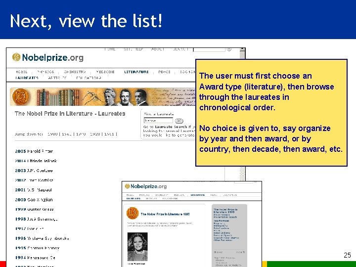 Next, view the list! The user must first choose an Award type (literature), then