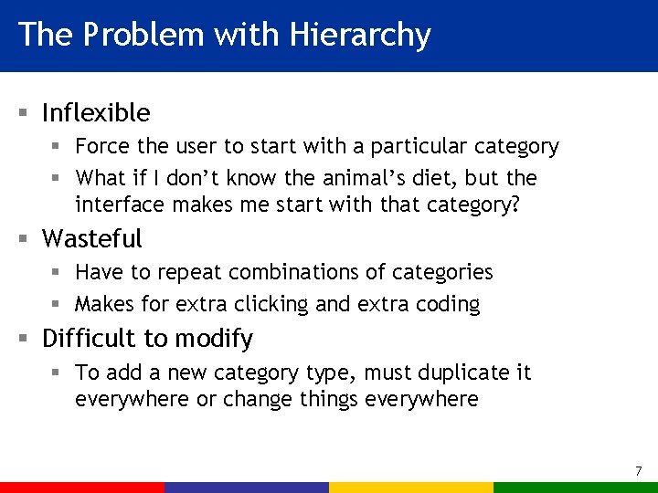 The Problem with Hierarchy § Inflexible § Force the user to start with a