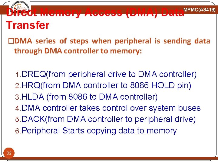 Direct Memory Access (DMA) Data Transfer MPMC(A 3419) �DMA series of steps when peripheral