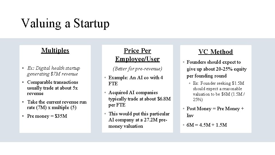 Valuing a Startup Multiples • Ex: Digital health startup generating $7 M revenue •