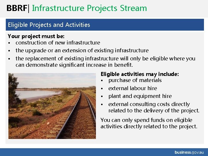 BBRF| Infrastructure Projects Stream Eligible Projects and Activities Your project must be: • construction