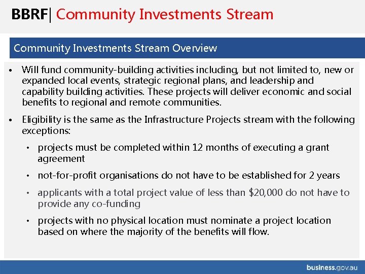 BBRF| Community Investments Stream Overview • Will fund community-building activities including, but not limited