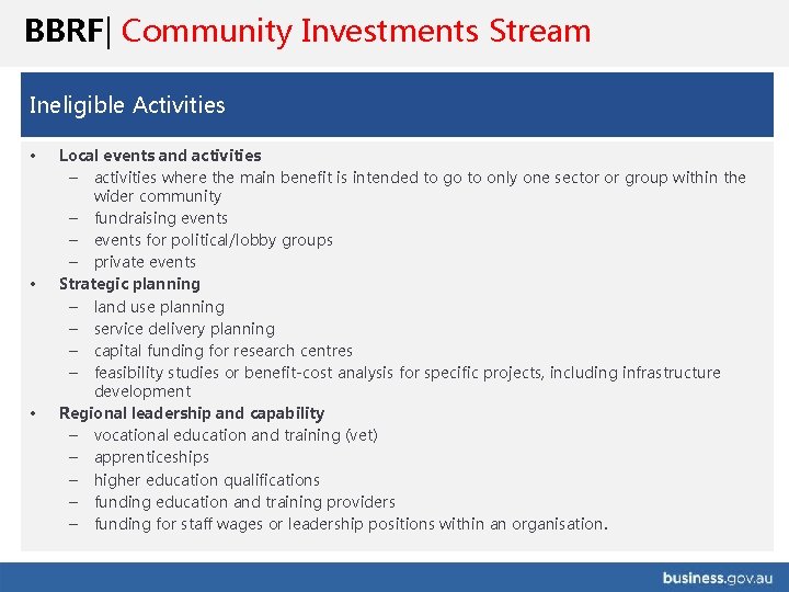 BBRF| Community Investments Stream Ineligible Activities • • • Local events and activities –