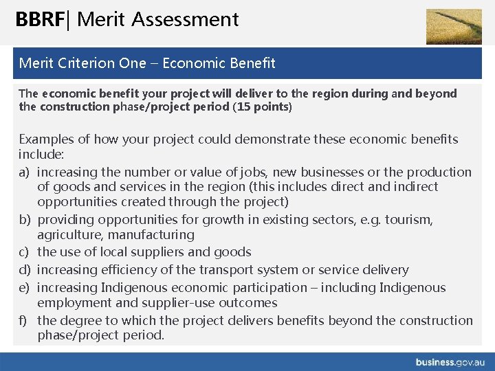 BBRF| Merit Assessment Merit Criterion One – Economic Benefit The economic benefit your project