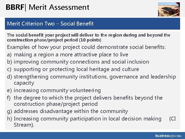 BBRF| Merit Assessment Merit Criterion Two – Social Benefit The social benefit your project