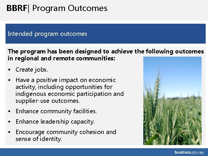 BBRF| Program Outcomes Intended program outcomes The program has been designed to achieve the