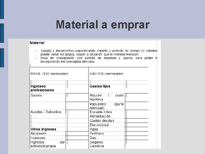 Material a emprar 