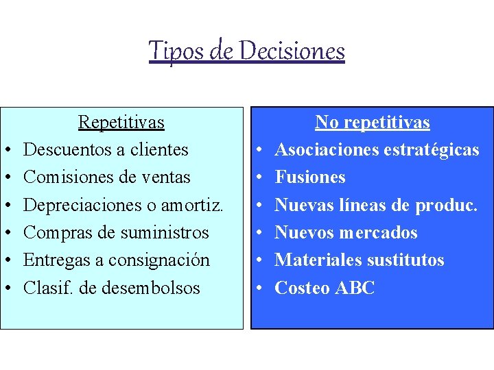 Tipos de Decisiones • • • Repetitivas Descuentos a clientes Comisiones de ventas Depreciaciones