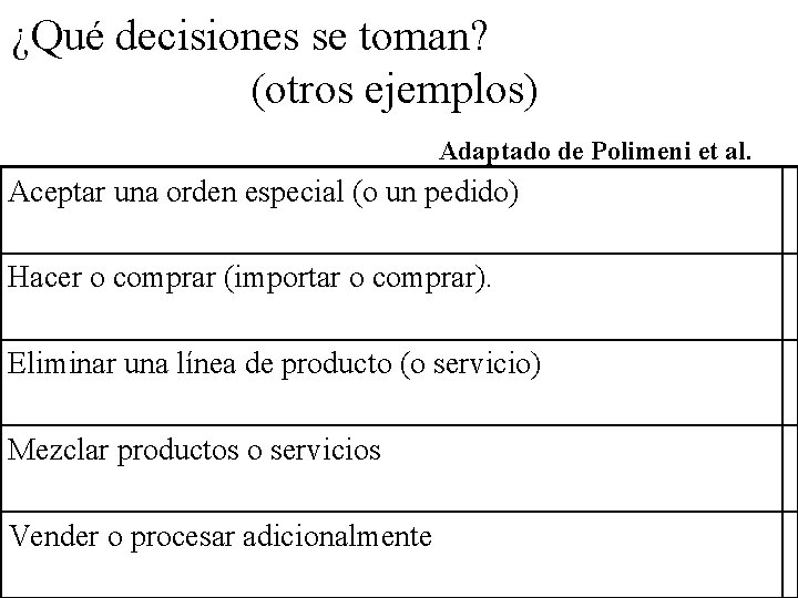 ¿Qué decisiones se toman? (otros ejemplos) Adaptado de Polimeni et al. Aceptar una orden