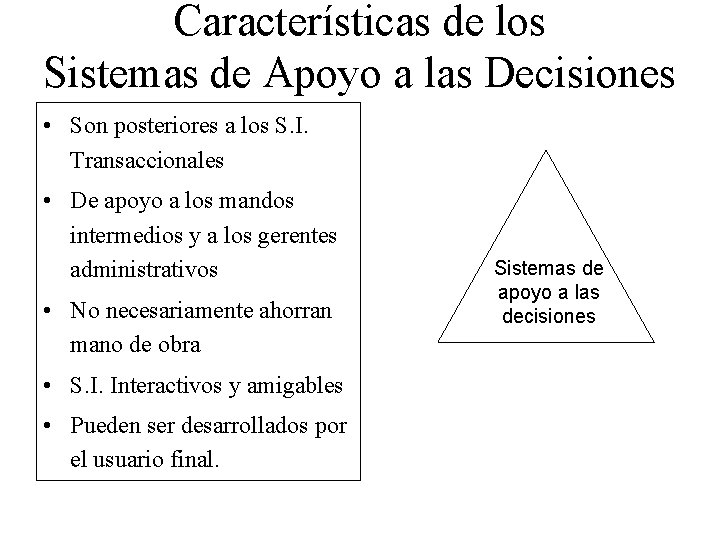 Características de los Sistemas de Apoyo a las Decisiones • Son posteriores a los