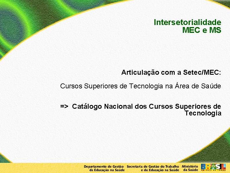 Intersetorialidade MEC e MS Articulação com a Setec/MEC: Cursos Superiores de Tecnologia na Área