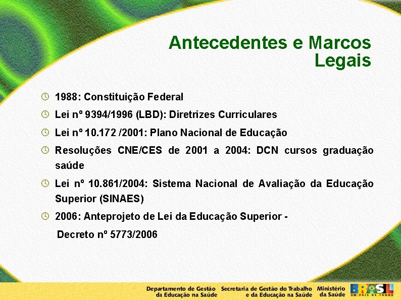 Antecedentes e Marcos Legais 1988: Constituição Federal Lei nº 9394/1996 (LBD): Diretrizes Curriculares Lei