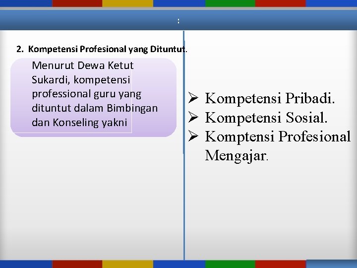 : 2. Kompetensi Profesional yang Dituntut. Menurut Dewa Ketut Sukardi, kompetensi professional guru yang