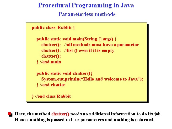 Procedural Programming in Java Parameterless methods public class Rabbit { public static void main(String