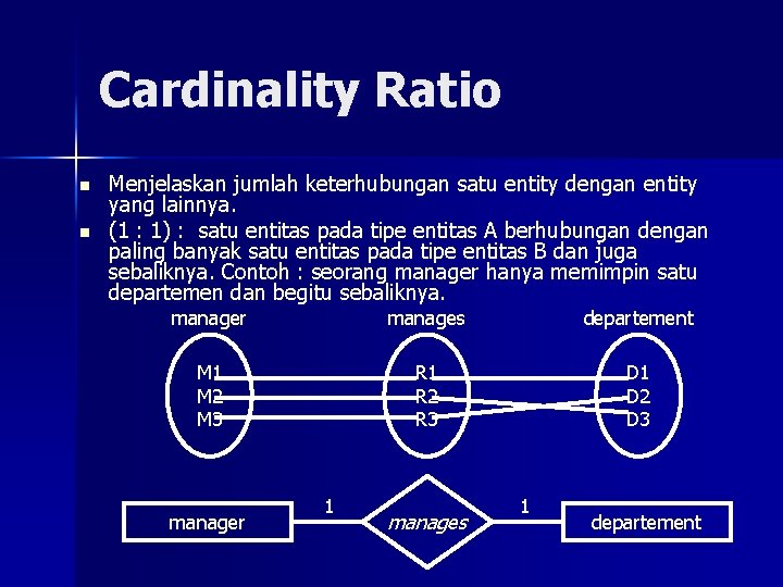 Cardinality Ratio n n Menjelaskan jumlah keterhubungan satu entity dengan entity yang lainnya. (1